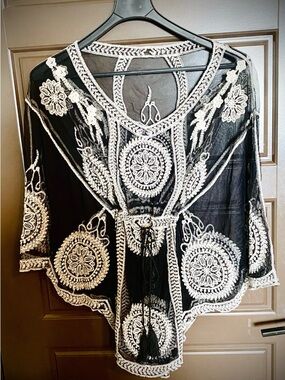 New Sheer Black Crochet Embroidered Top